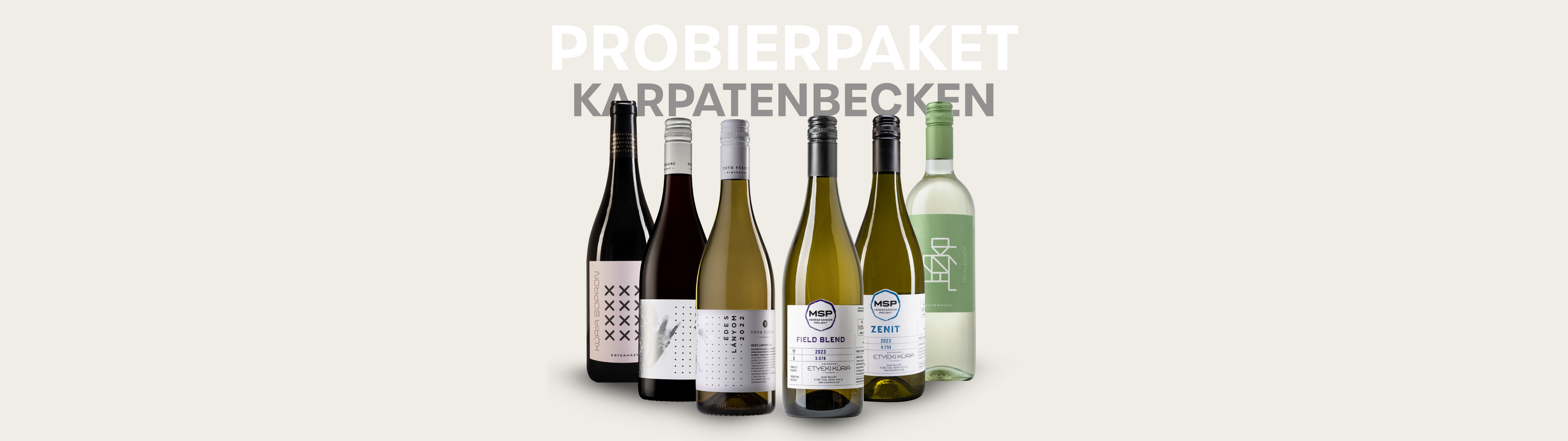 Probierpaket Karpatenbecken mit ungarischen Weinen: Zenit, Irsai Olivér, Kékfrankos, Field Blend Cuvée, Édes Lányom und Édes Fiam – typische Rebsorten aus Ungarn